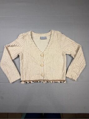 Cover Charge Textured Cream Button-Front Cardigan with Fringe Trim Made in USA